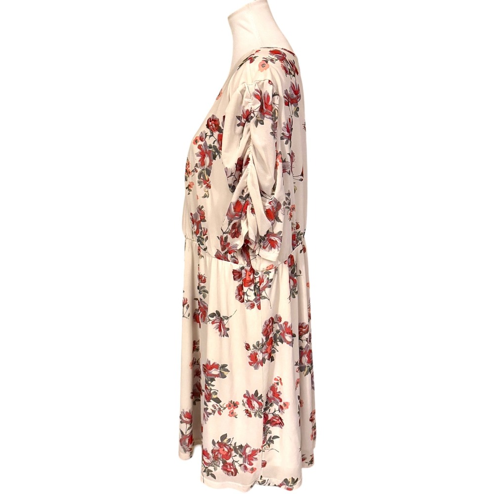 Maurices Floral Wrap Dress Women 2X Cream Pink Mesh Ruched Sleeve Knee Length - Picture 4 of 10